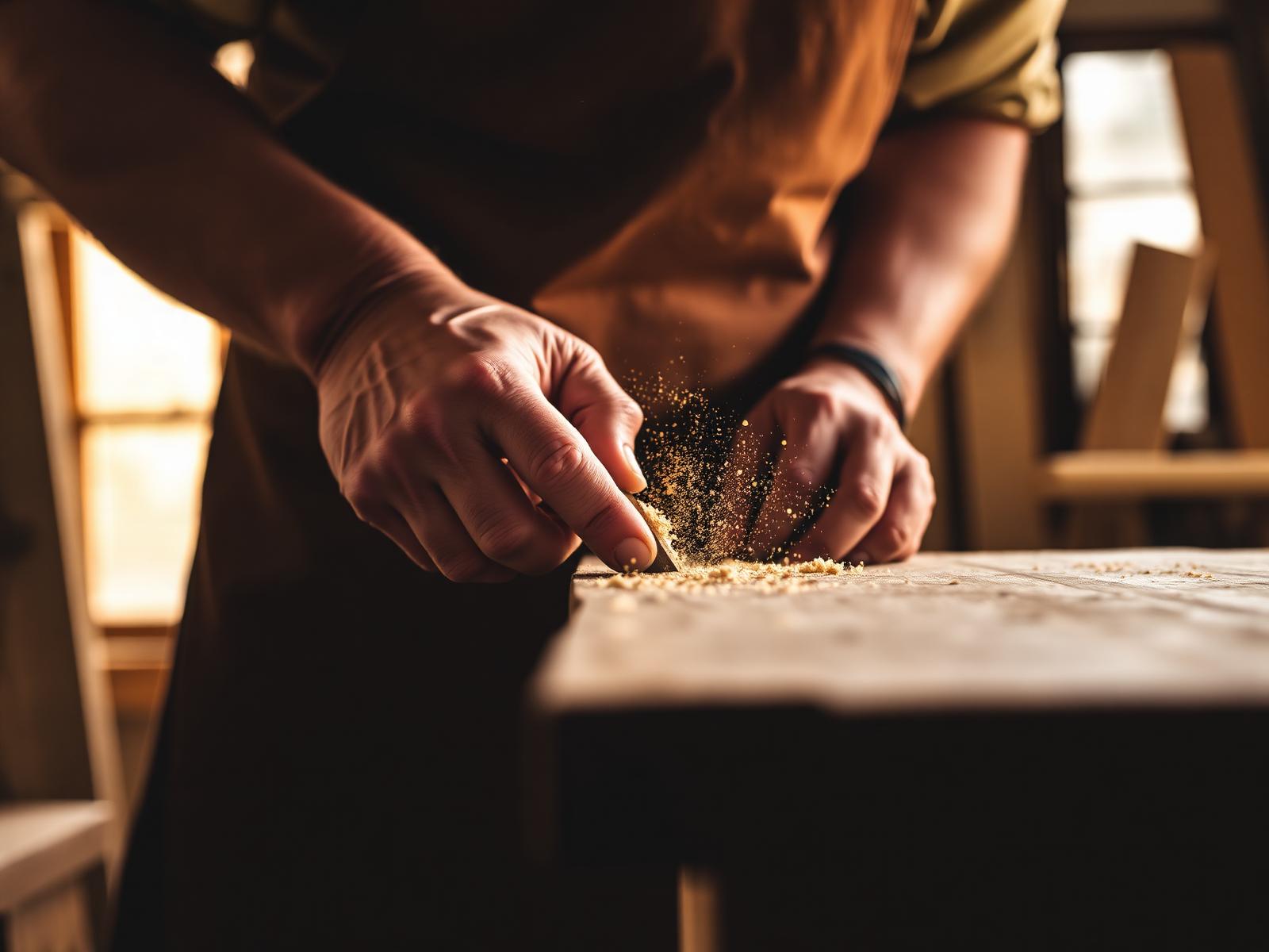 Master craftsman hand-finishing a piece of solid wood furniture